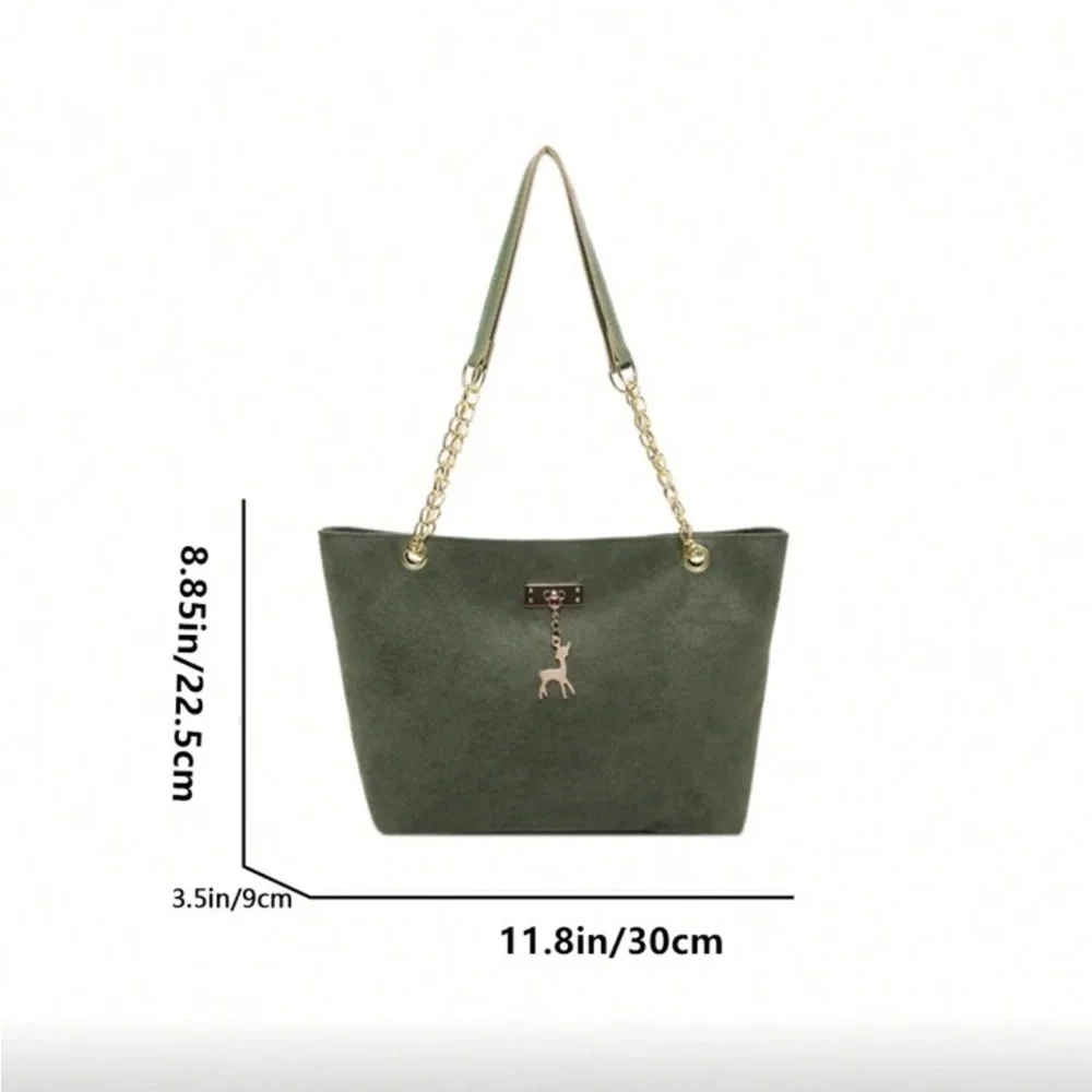 ⚠️Clearance Chain Shoulder Elegant Green Suede Tote Bag with Gold Chain - Picture 3 of 9